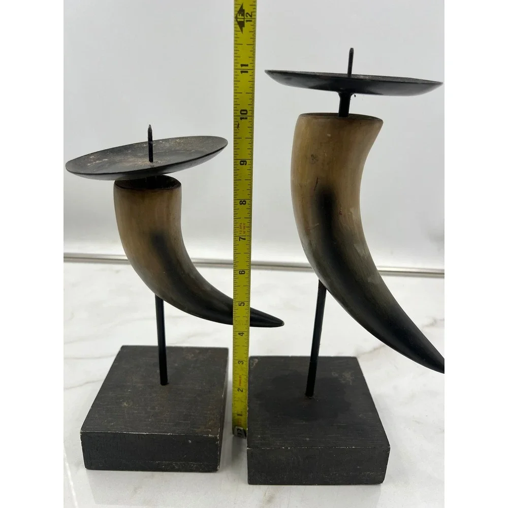 Elements Faux Horn Pillar Candle Holders Set of 2 Rustic Lodge Decor Black Tan